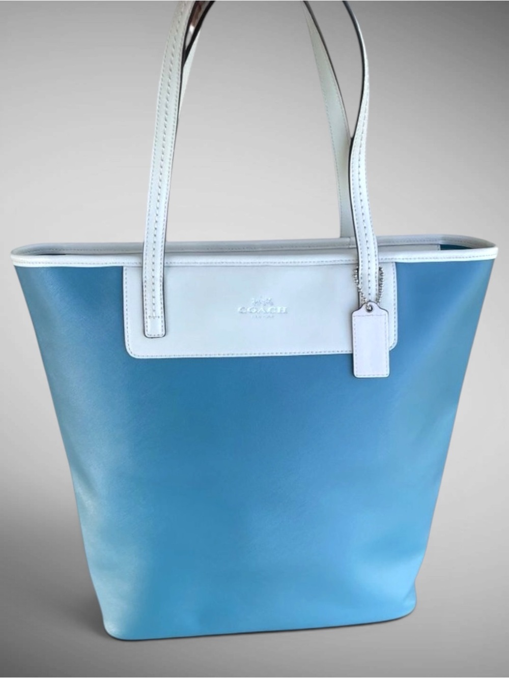 Coach Large City Tote Blue White Leather Shoulder Bag Work Tote H1320